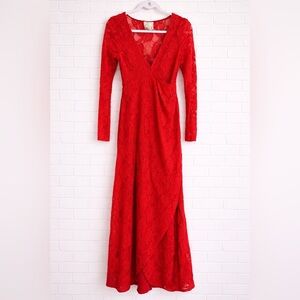 Free People Red Lace Long-Sleeve V-Neck Maxi Dress